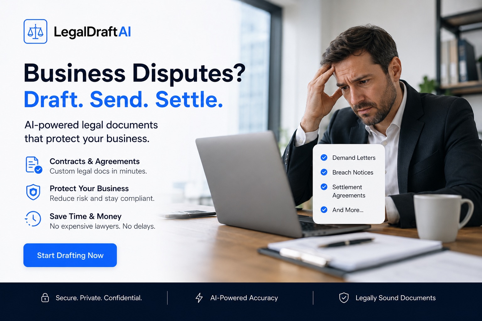 Ad graphic — Business Disputes? Draft. Send. Settle.