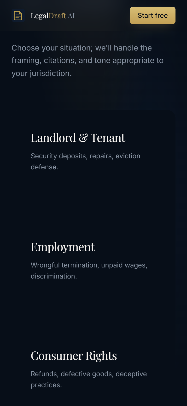 LegalDraft AI — practice area categories