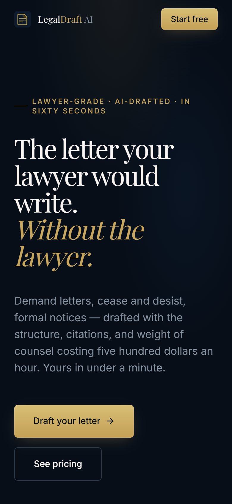LegalDraft AI — hero section screenshot