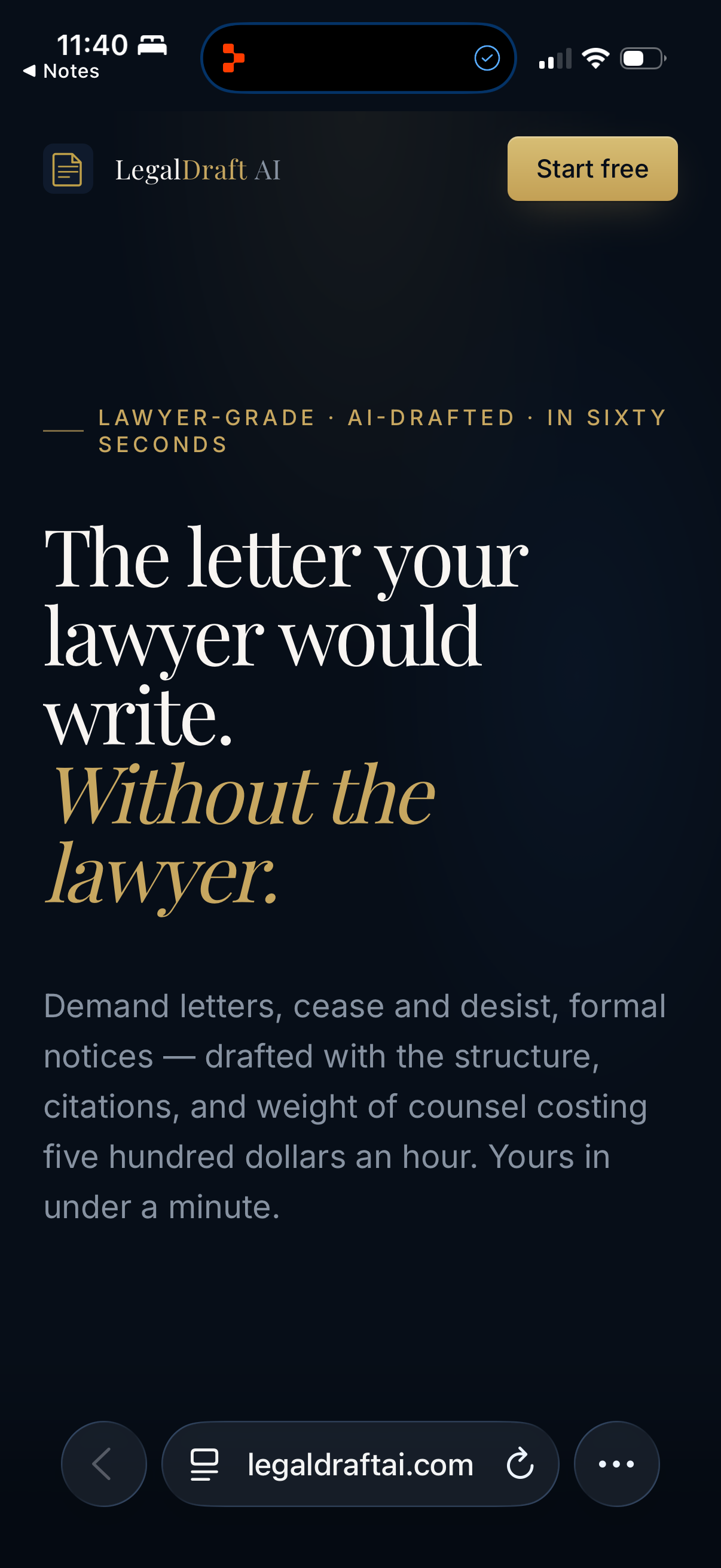 Mobile screenshot — LegalDraftAI.com hero section (with browser)