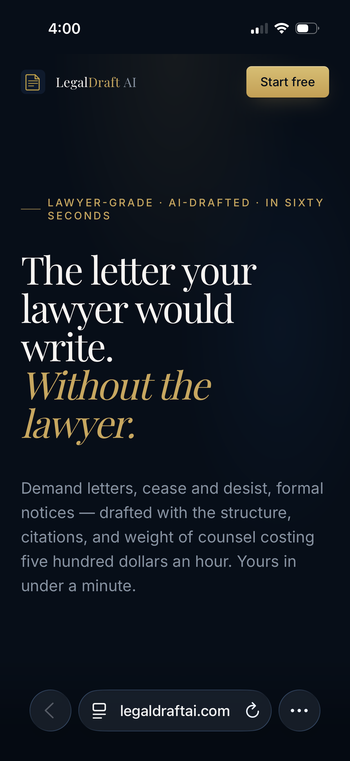 Mobile screenshot — LegalDraftAI.com hero section (clean)
