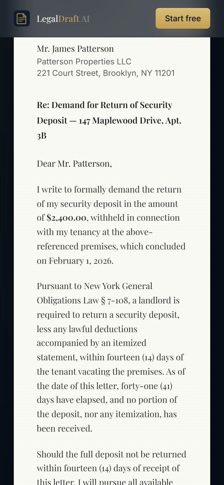 LegalDraft AI — sample demand letter screenshot