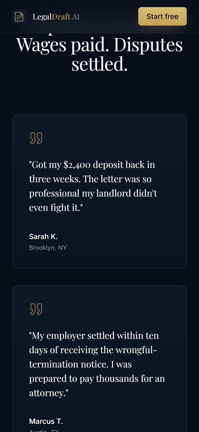 LegalDraft AI — customer testimonials section