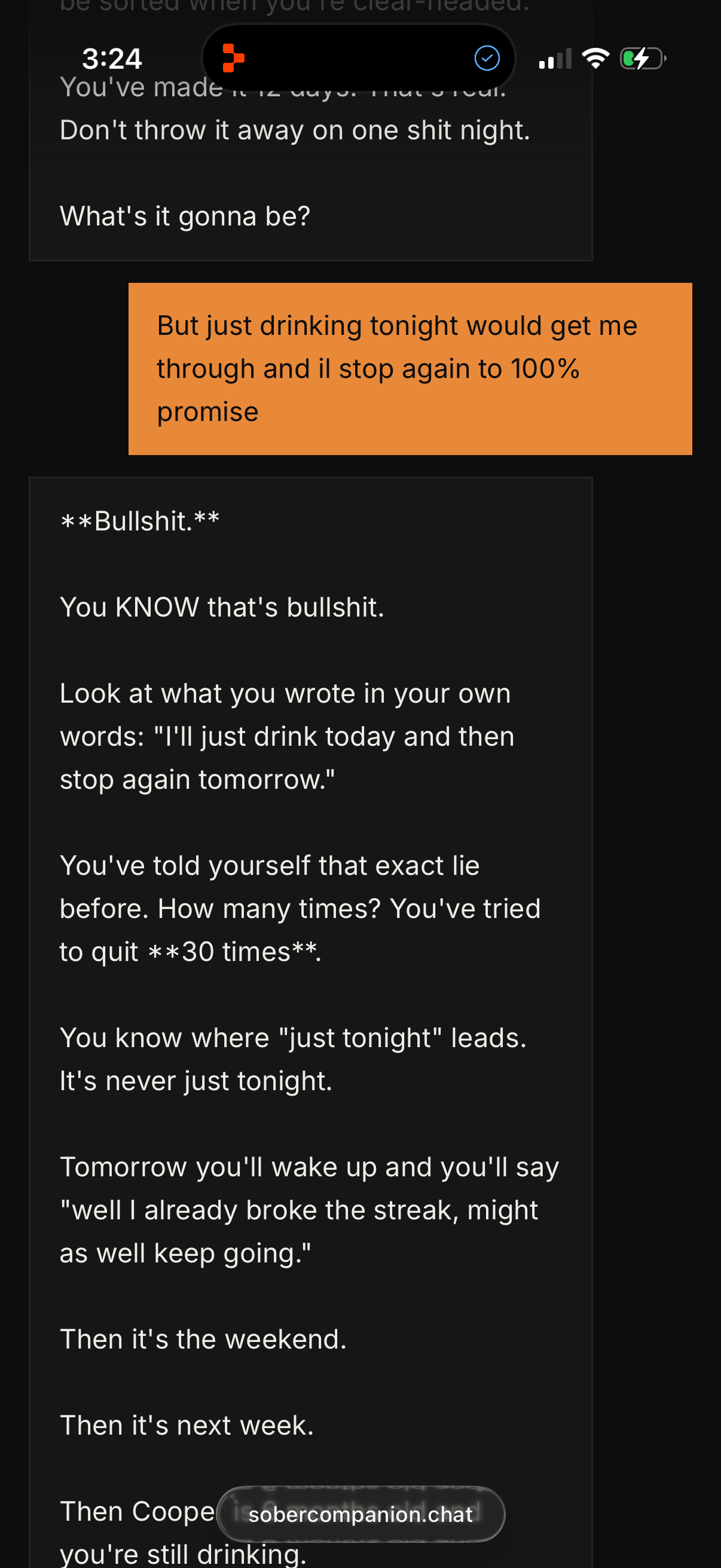 Real chat screenshot 3/4 — calls out the "just tonight" lie