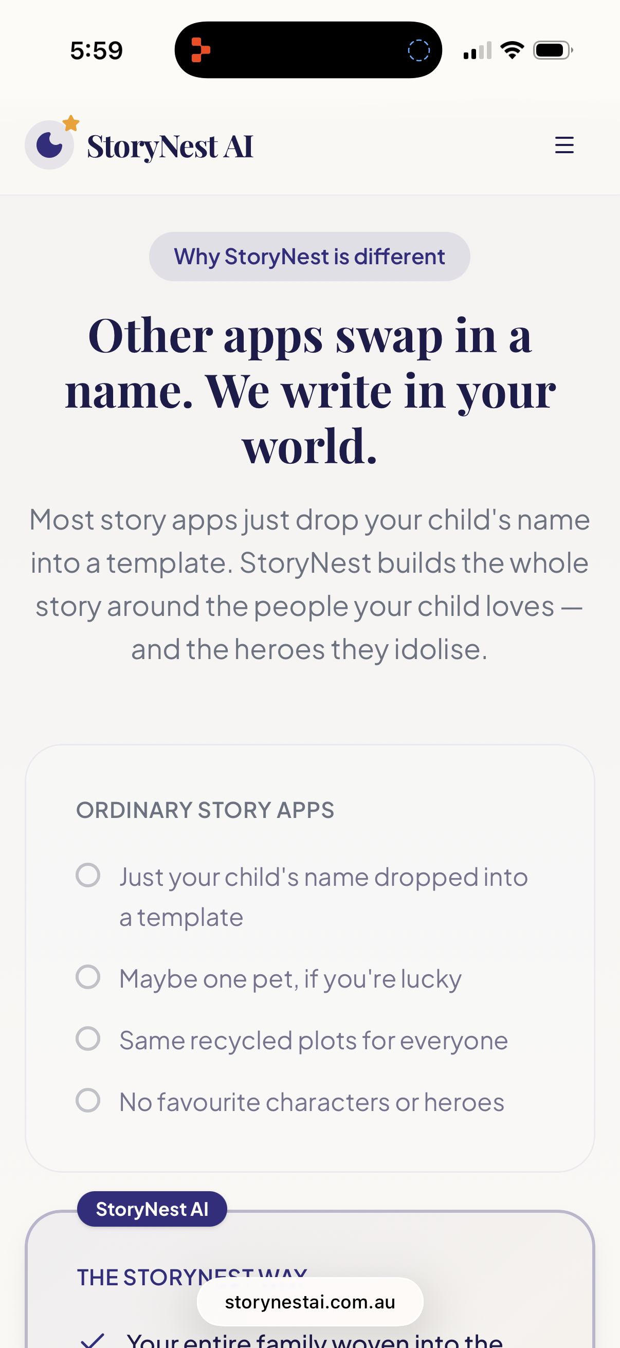 App screenshot — "Why StoryNest is different" comparison