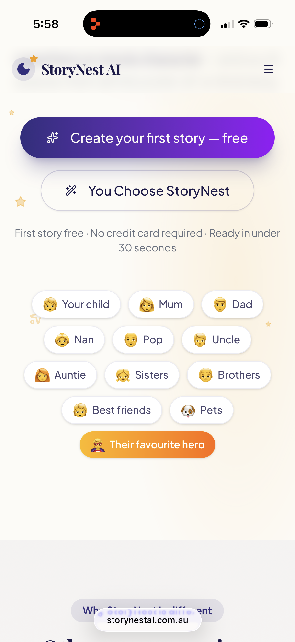 App screenshot — story creation with family member chips