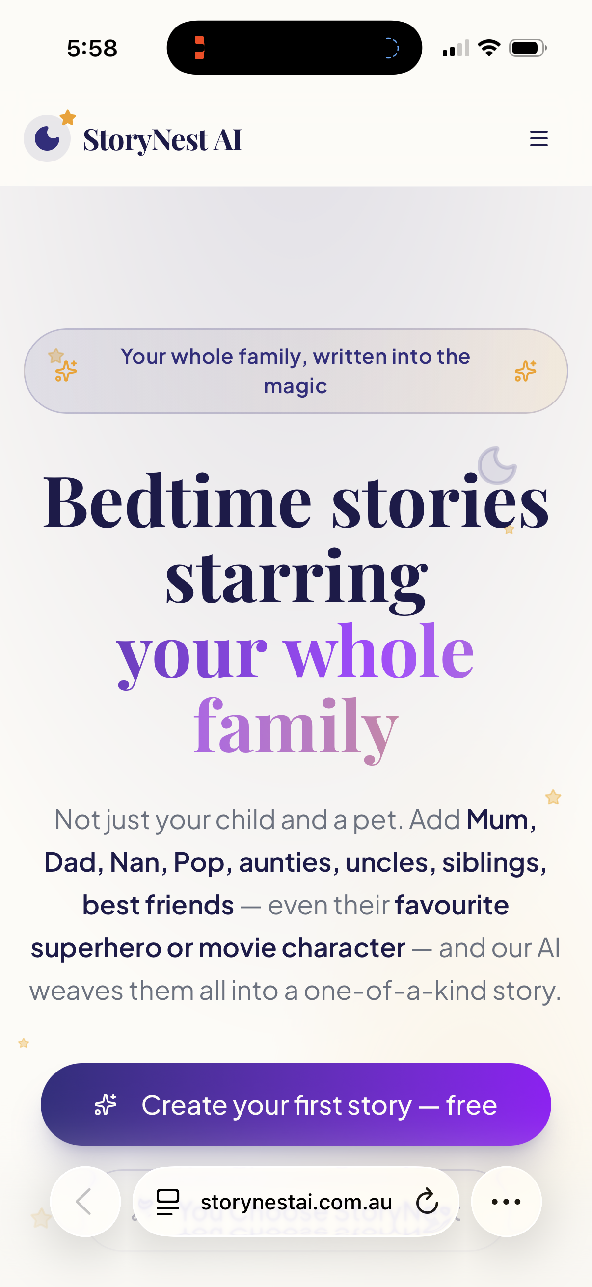 App screenshot — homepage "Bedtime stories starring your whole family"